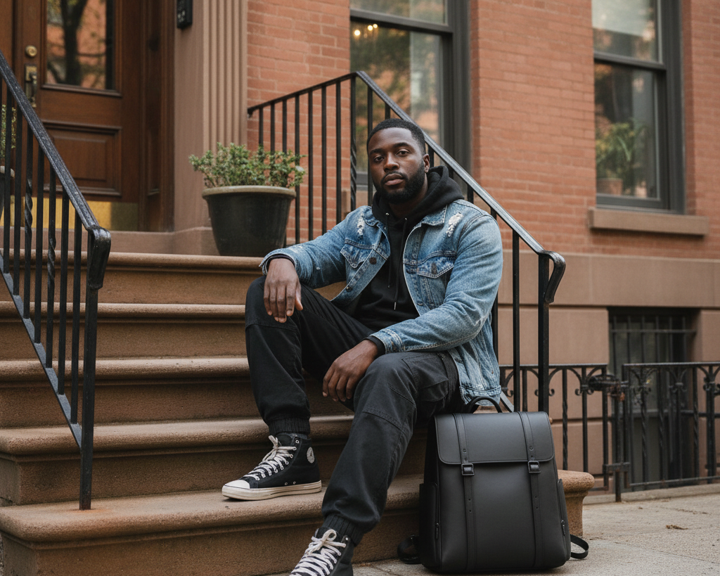 A men is holding Midnight and black Backpack