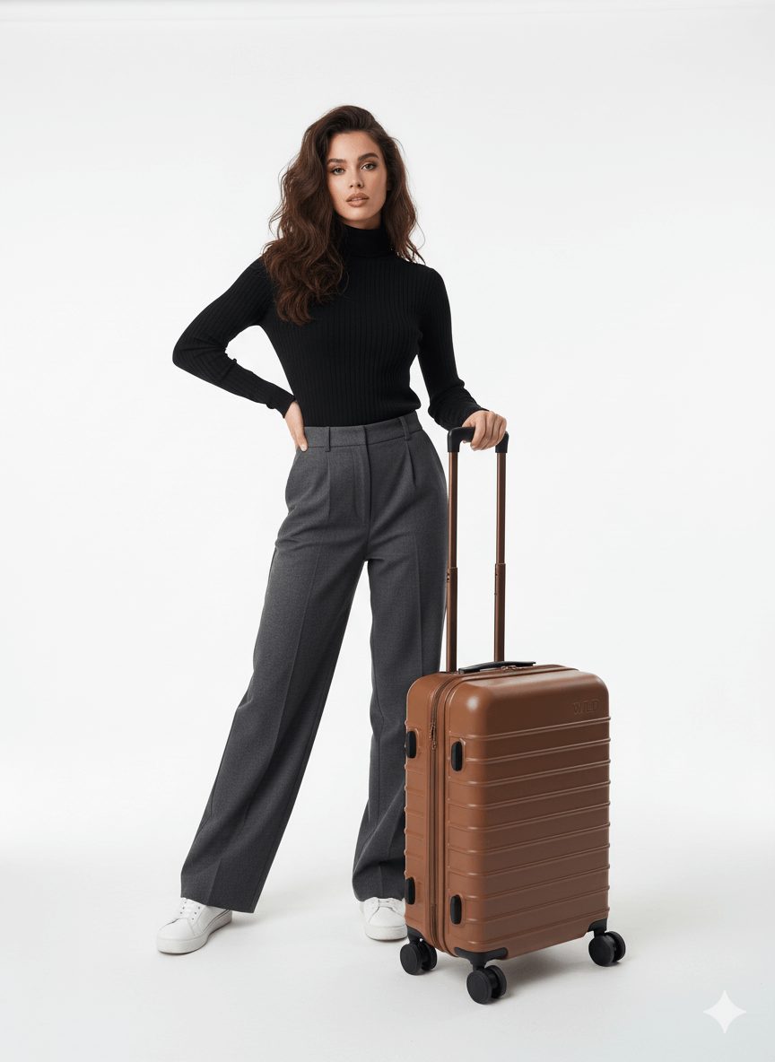 Women is holding Sahari and brown Carry-on